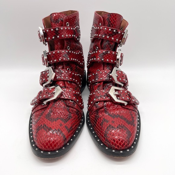 GIVENCHY Prue Ankle Boots Womens 35.5 Red Black Python Studded Buckle Bootie - Picture 2 of 12